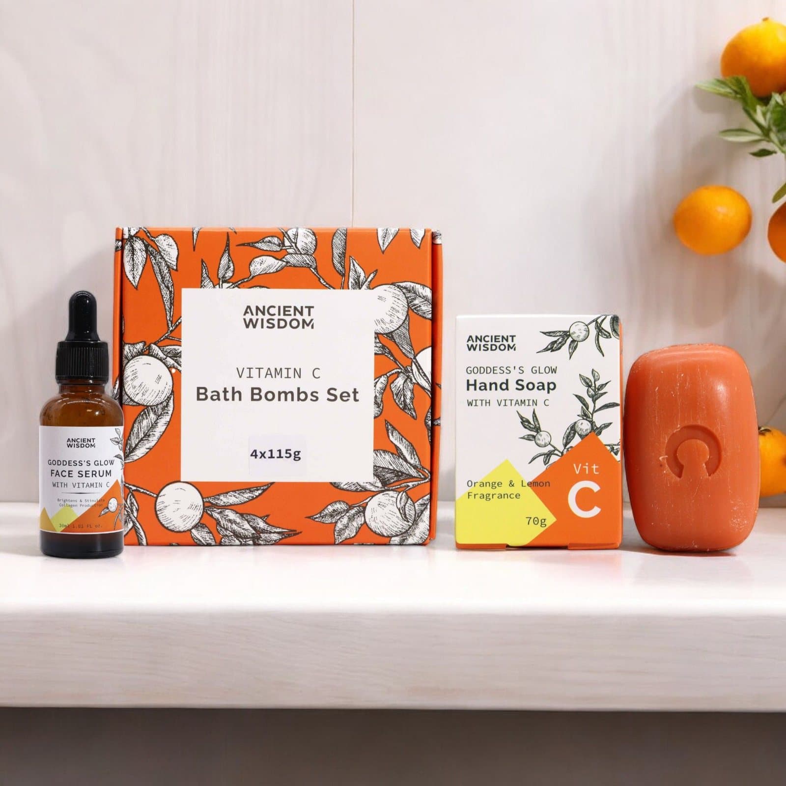 Vitamin C skincare bundle with facial serum, bath bombs and hand soap