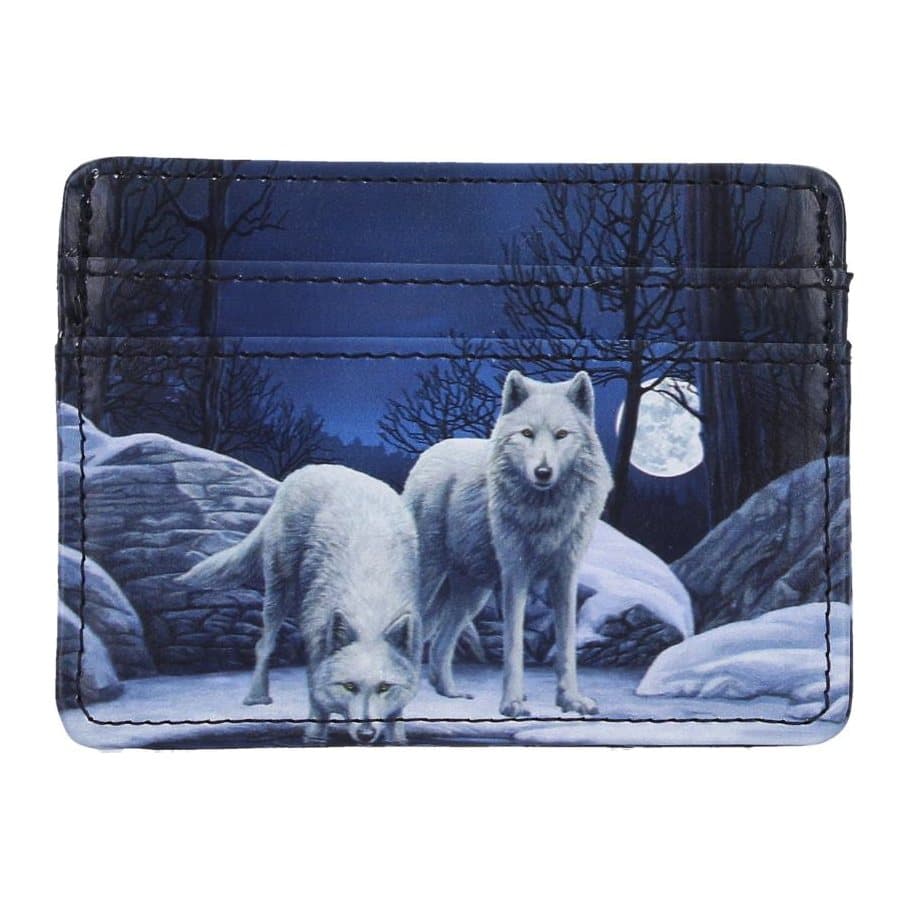 Card holder showing two white wolves in a snowy moonlit forest
