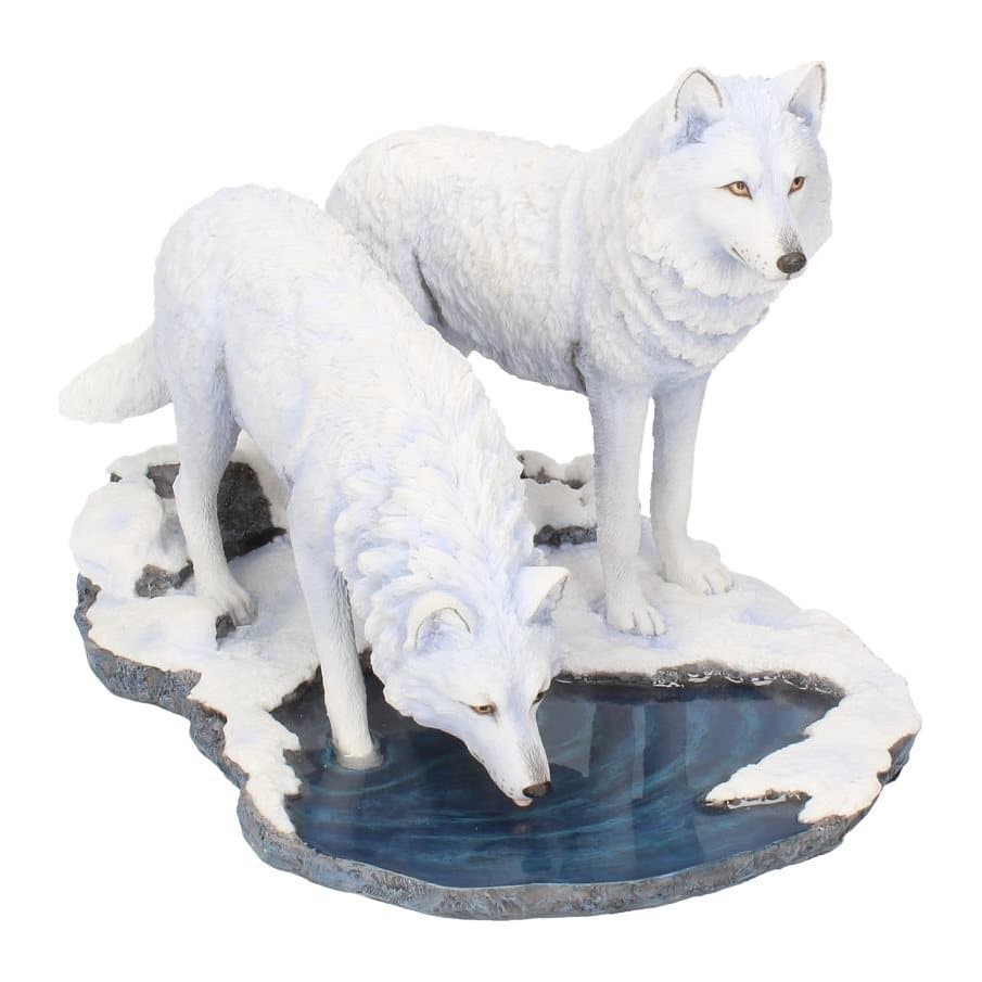Two white wolves in a frozen landscape beside a pool, hand painted resin figurine