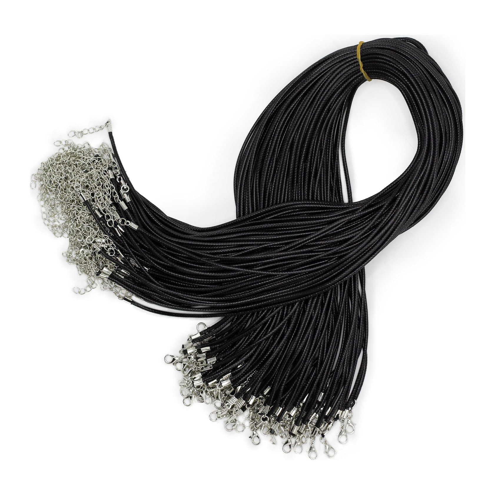Pack of 10 black waxed cotton pendant cords with metal clasps
