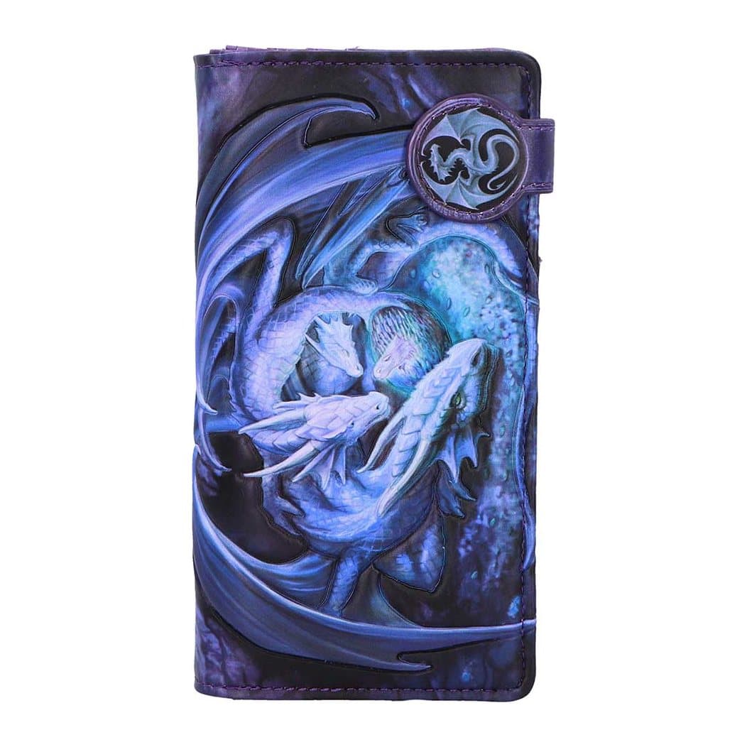 Welcome Hatchling embossed purse by Anne Stokes with baby blue dragons