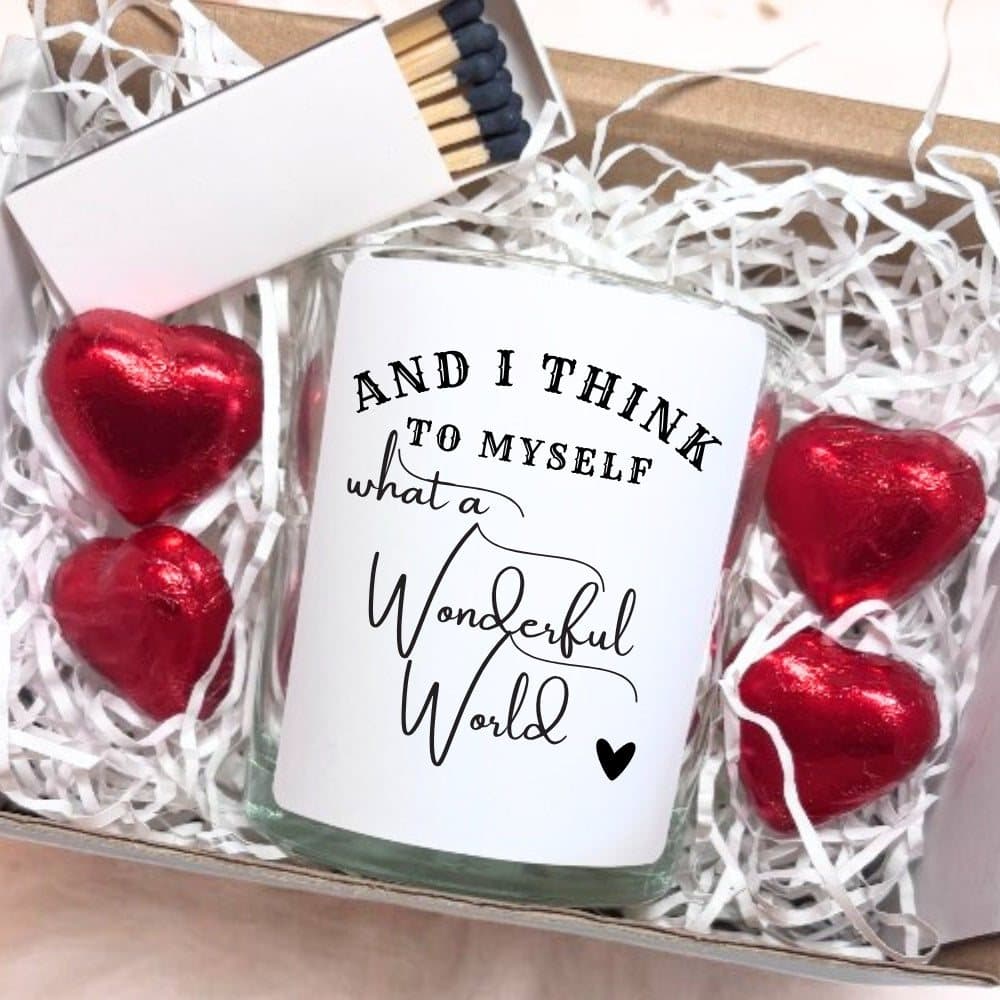Personalised candle gift set with red foiled chocolate hearts and a box of matches