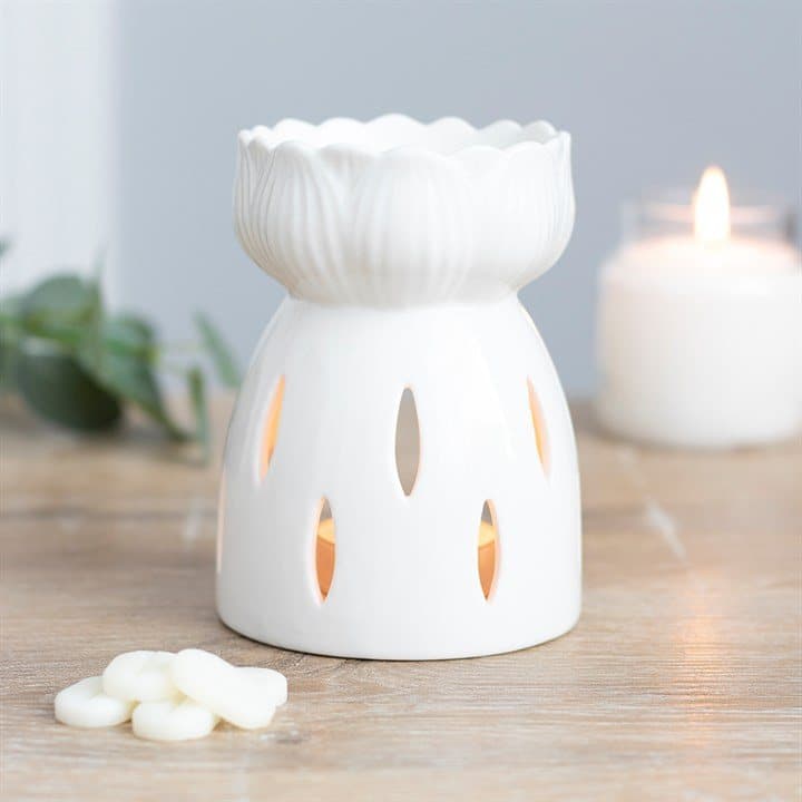 White gloss lotus flower oil burner with cut out details
