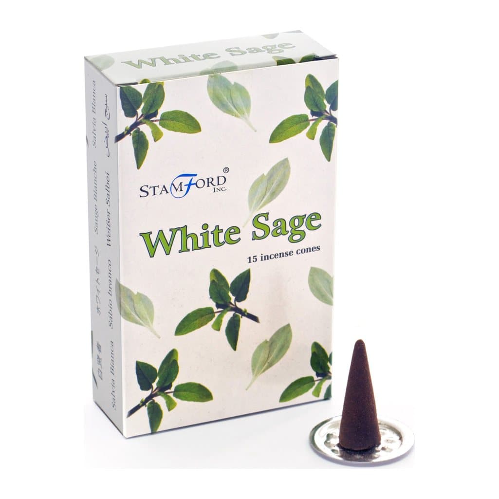Pack of 2 white sage incense cones with metal incense holders