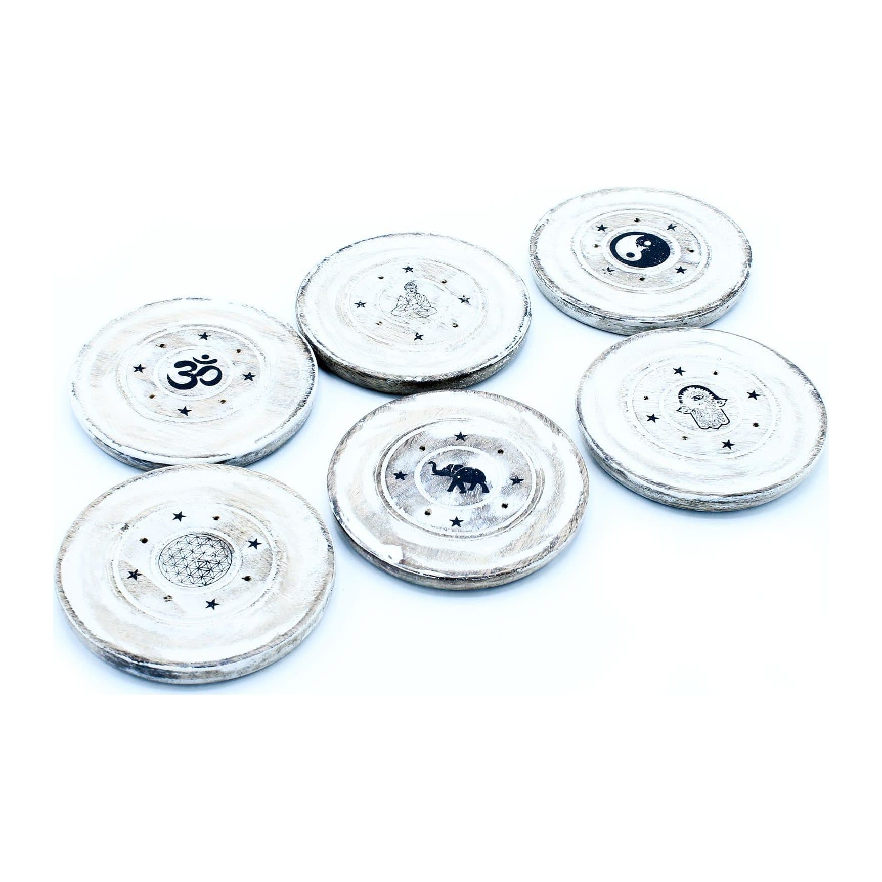 White washed mango wood incense holder for cones and discs