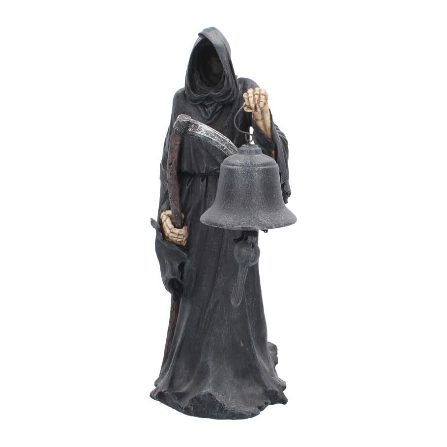 Black-cloaked Grim Reaper figurine holding a scythe and a bell