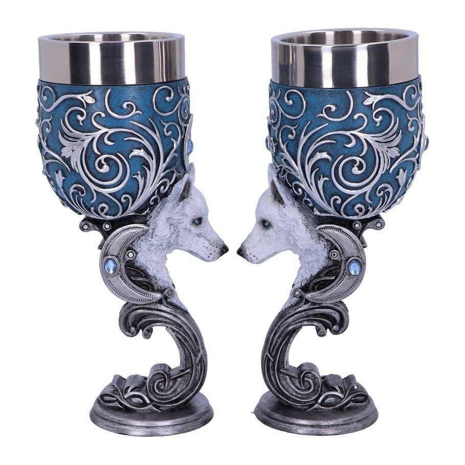 Two hand-painted resin goblets with a blue-eyed wolf head on the stem