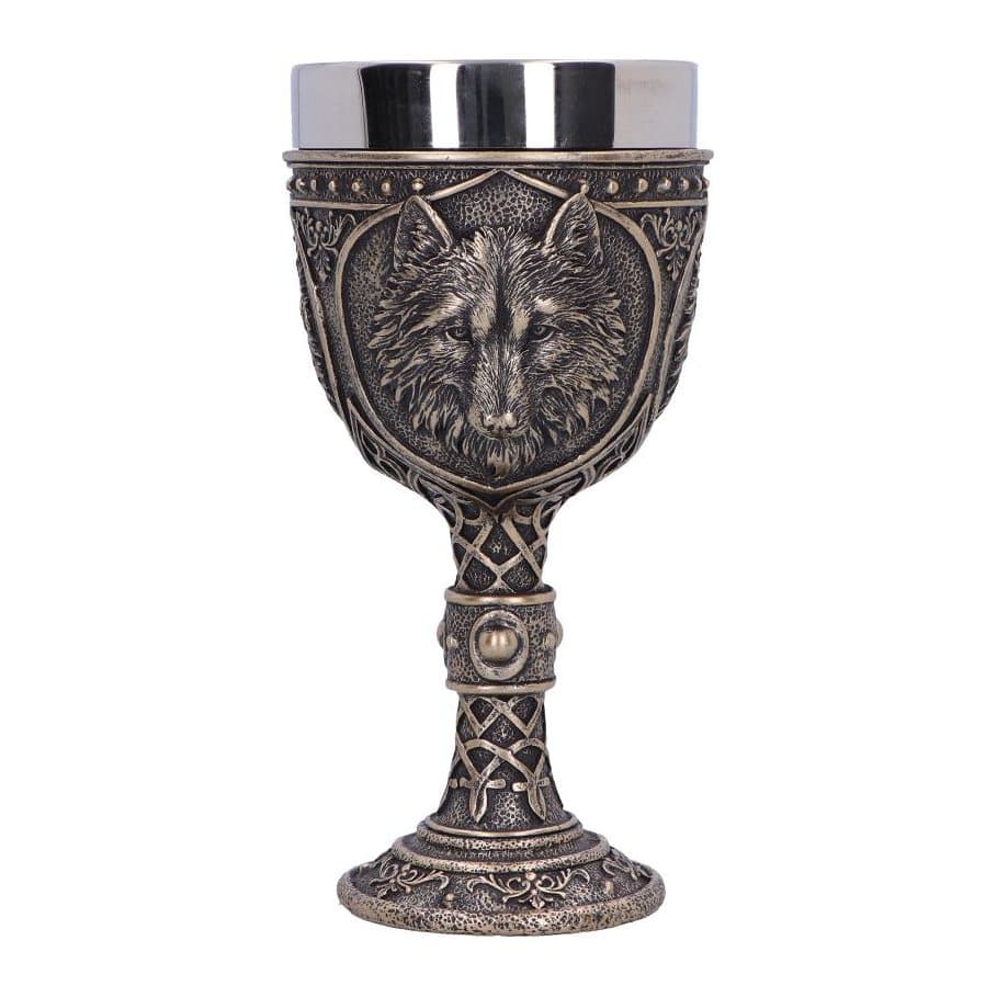 Bronze-coloured wolf chalice with wolf heads and a yellow gemstone