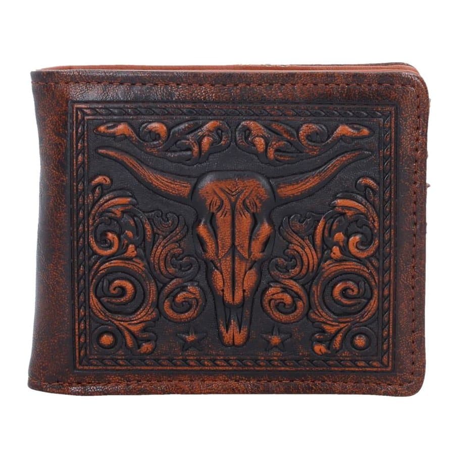 Brown Wild West embossed wallet with a bull skull design