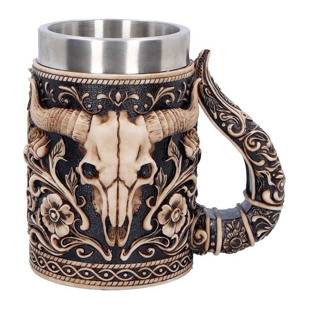 Black Wild West tankard with bull skulls and bone-coloured flowers
