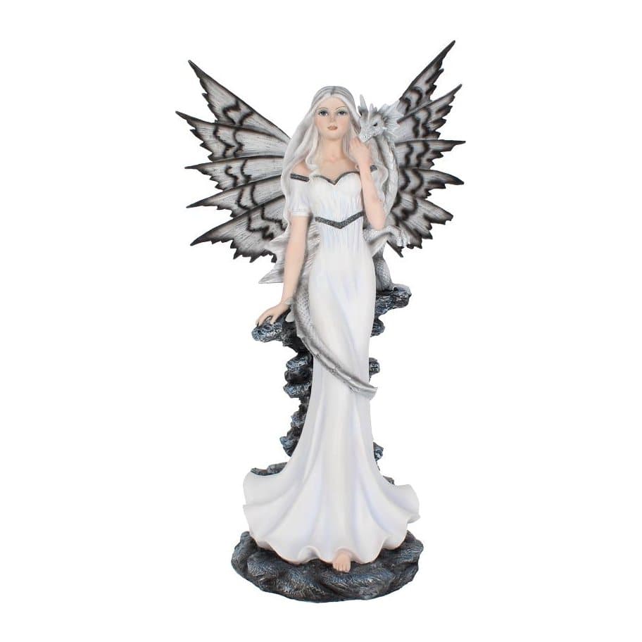 Winter fairy Vanya with a young white and grey dragon figurine