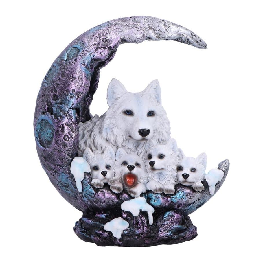 Resin wolf ornament of four pups in a crescent moon with an adult wolf