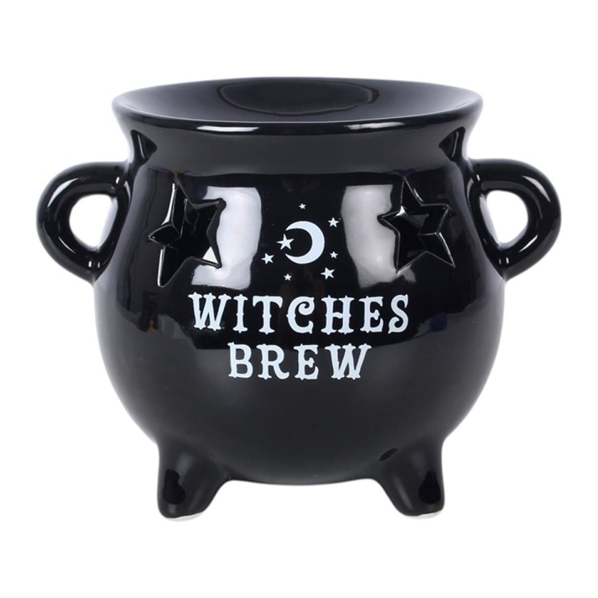 Black ceramic cauldron oil burner with cut-out stars and Witches Brew text
