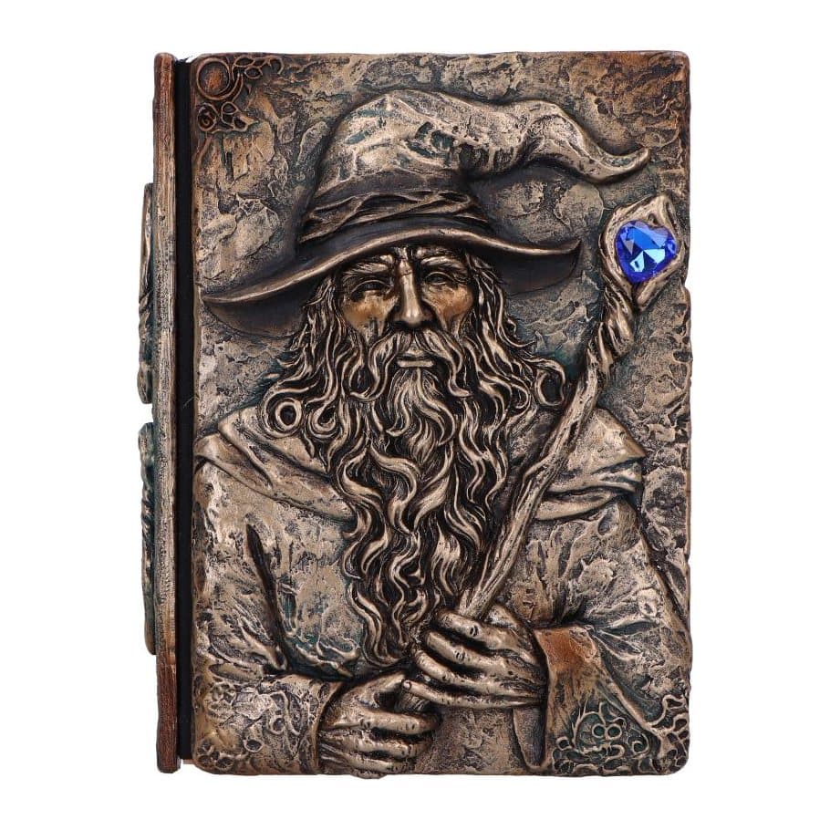Fantasy journal with a resin wizard holding a blue gem staff