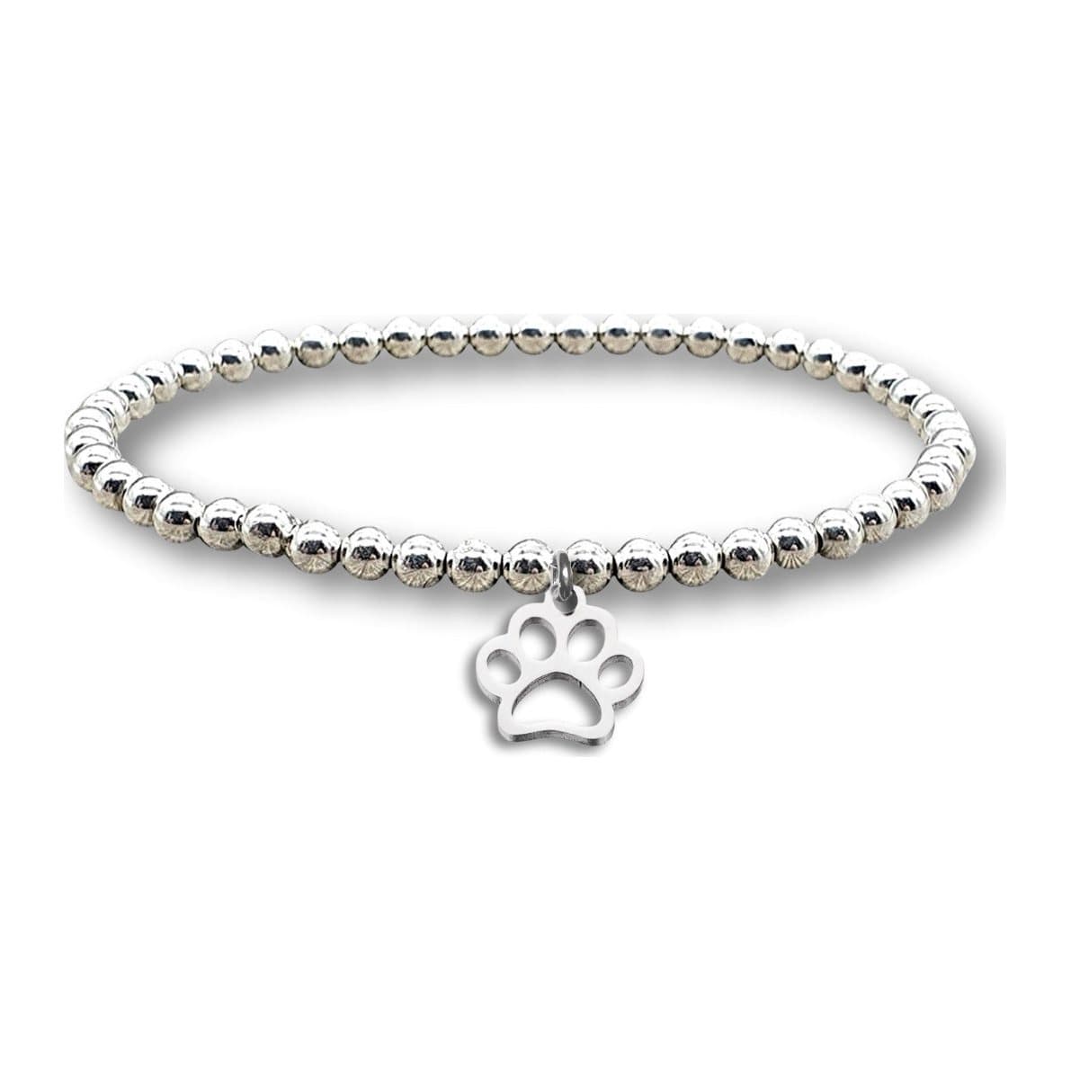 Silver beaded stretch bracelet with a paw print charm