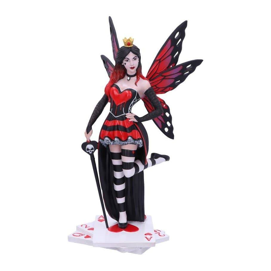 Queen of Hearts fairy figurine in black and red standing on a deck of cards