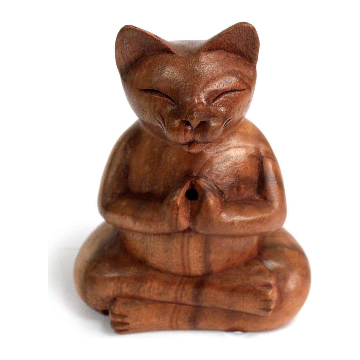Large wooden yoga cat incense burner hand carved from Suar wood