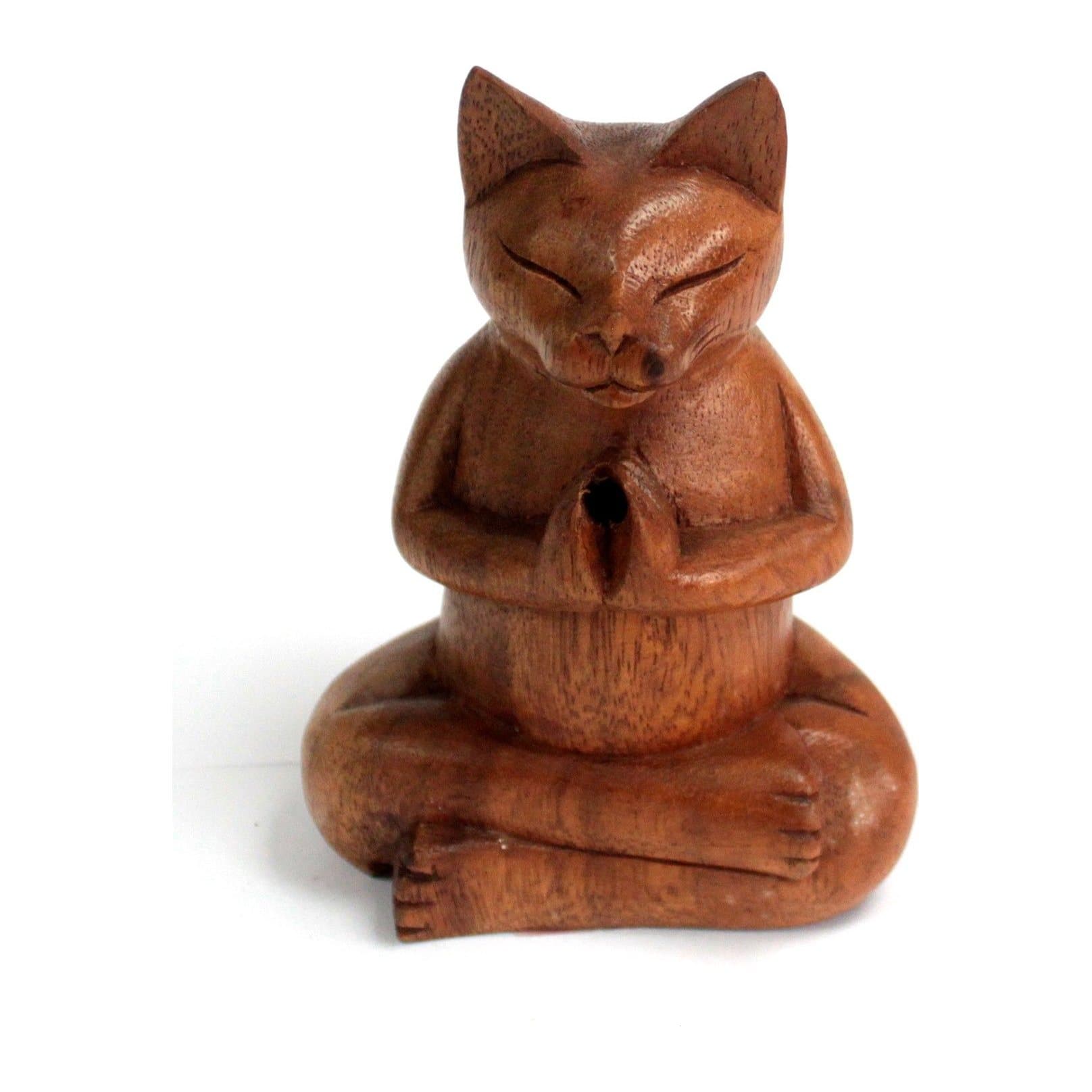 Carved wooden yoga cat incense burner in a seated pose