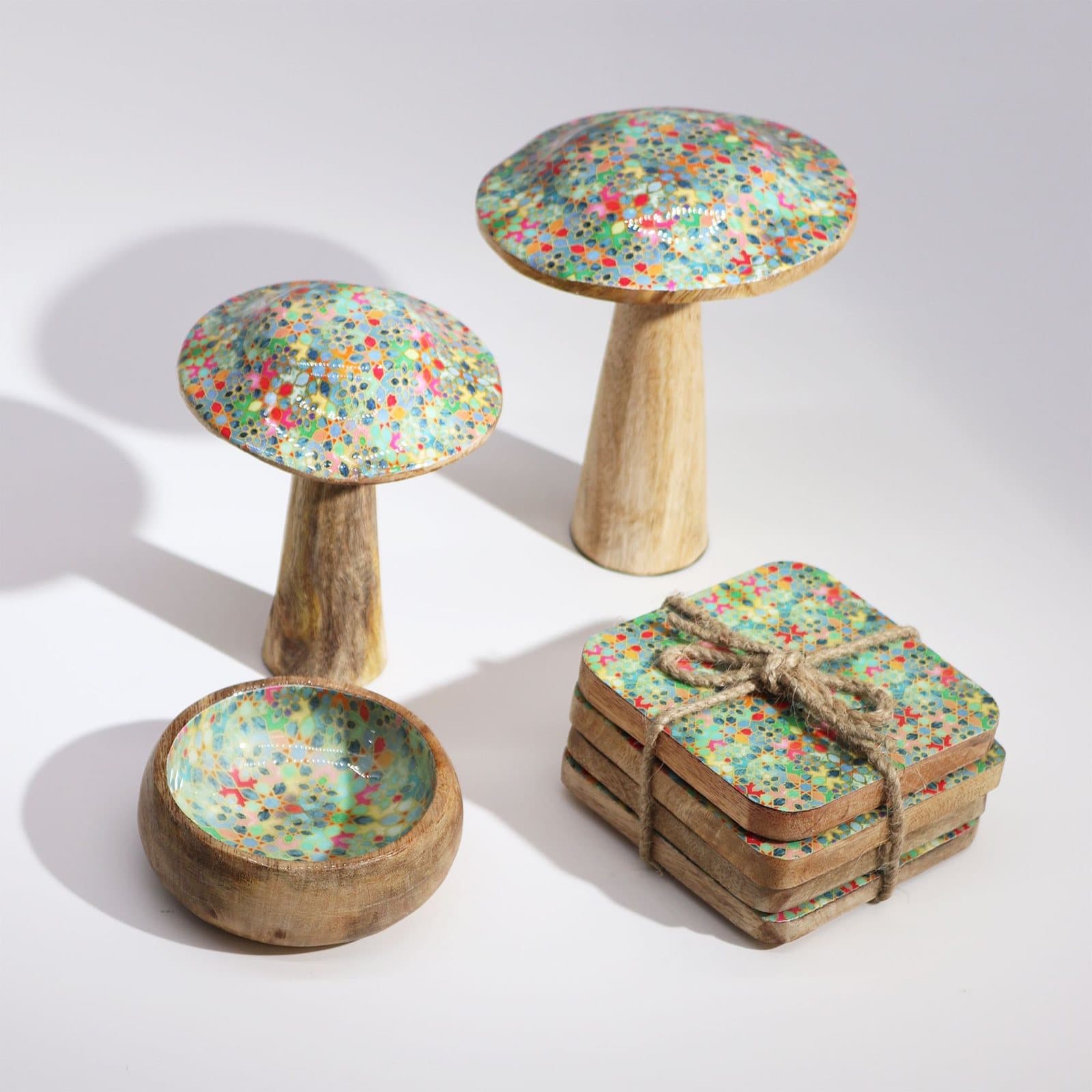 Wooden mushroom ornament with a Mediterranean tile pattern and glossy enamel