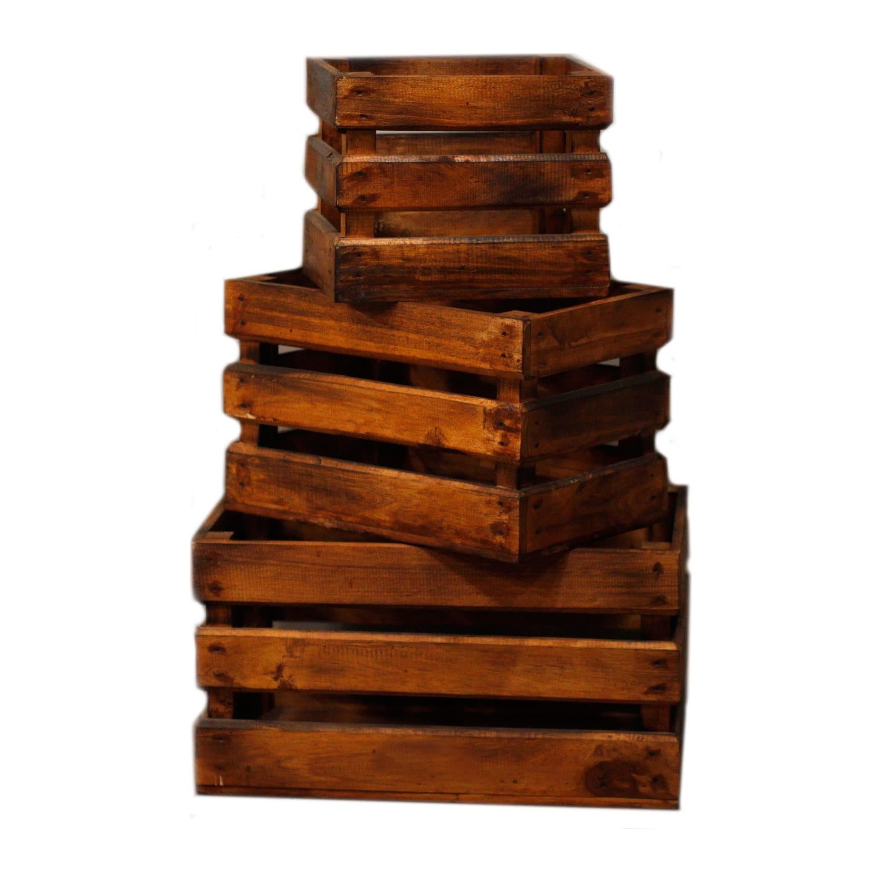 Set of three brown wooden storage crates in three sizes