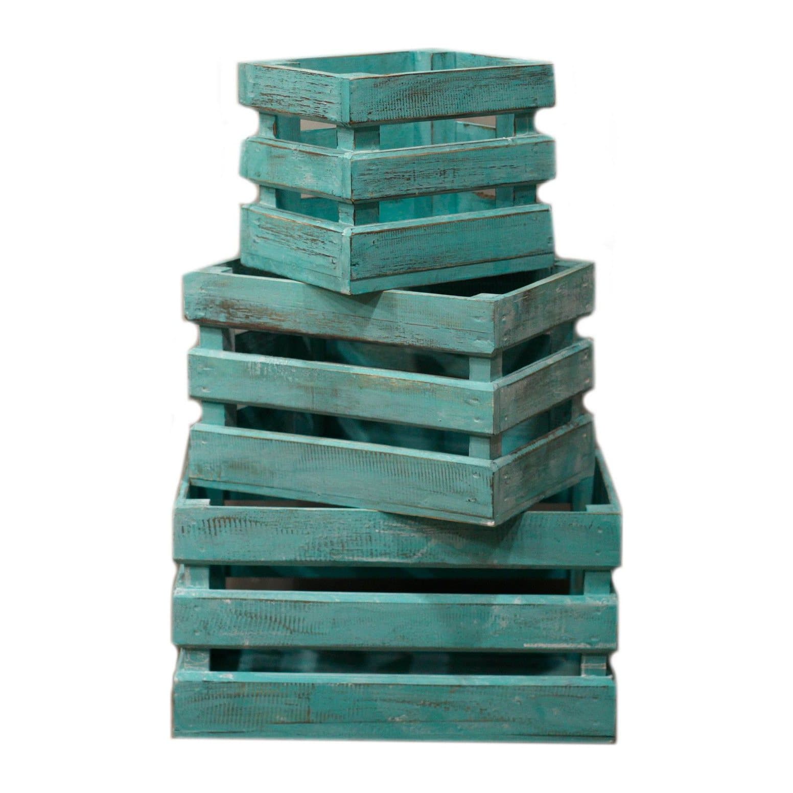 Set of three greenwash wooden storage crates in three sizes