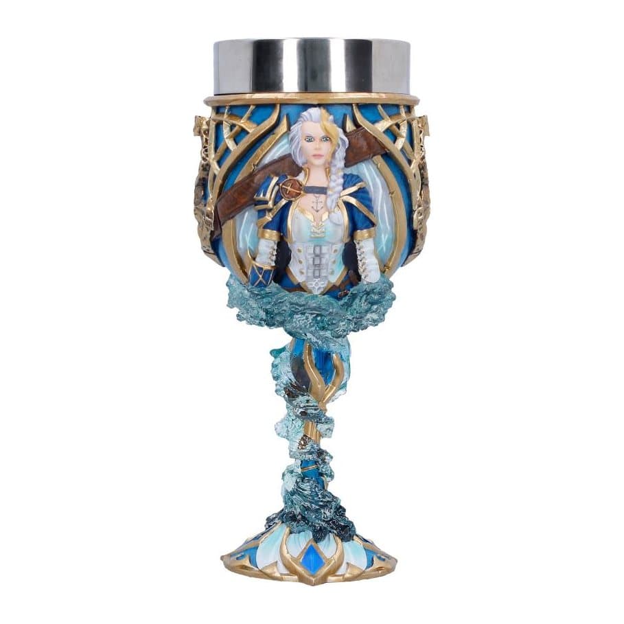 Jaina Proudmoore goblet with a portrait of Jaina on the front, in blue and gold