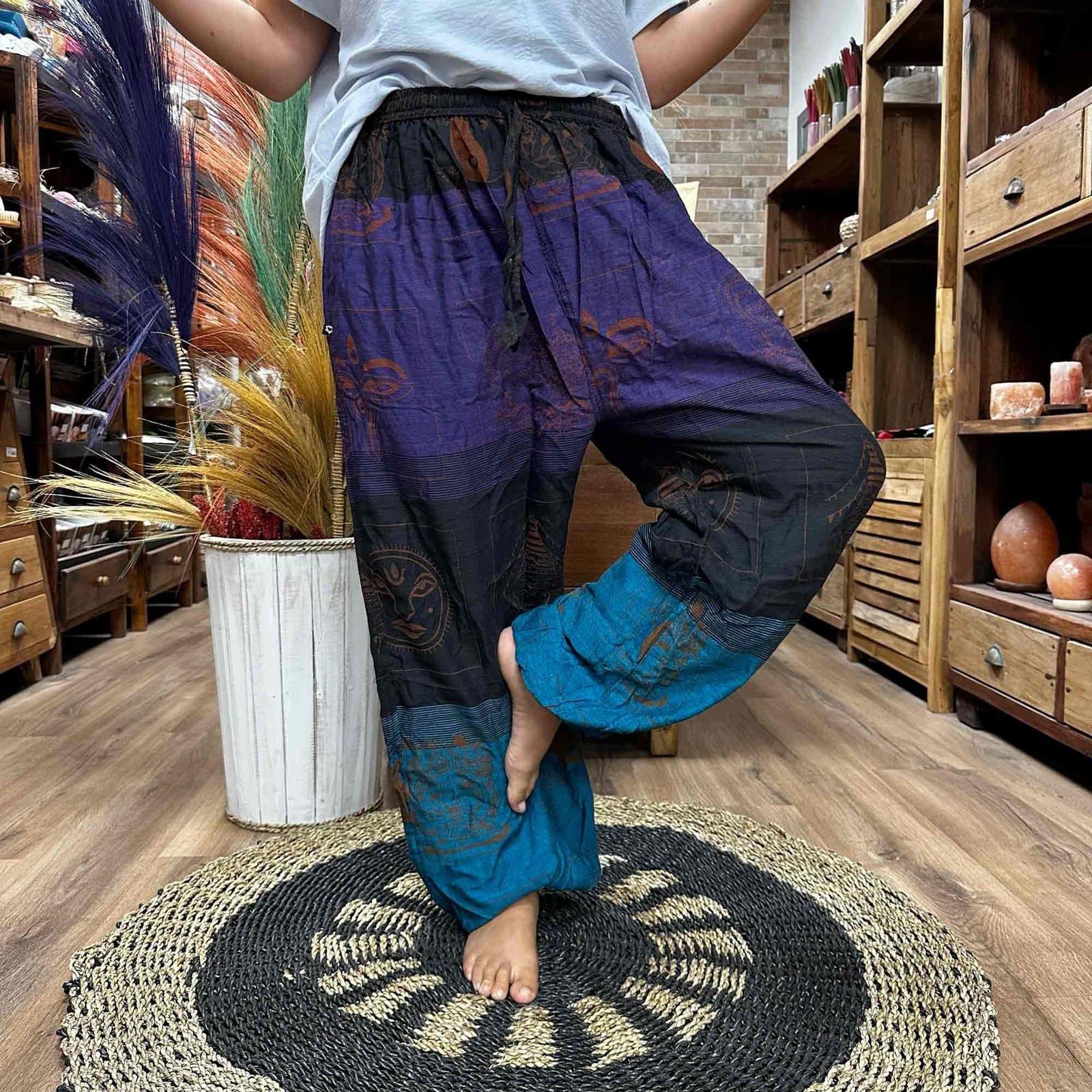 Cotton yoga and festival pants with a high cross Himalayan print