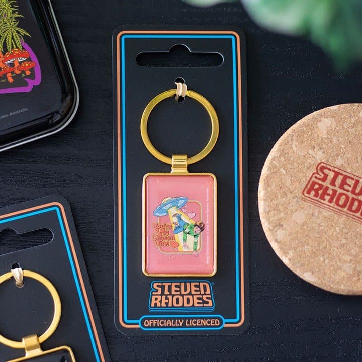 You're My Chosen One enamel keyring with a flying saucer abduction scene