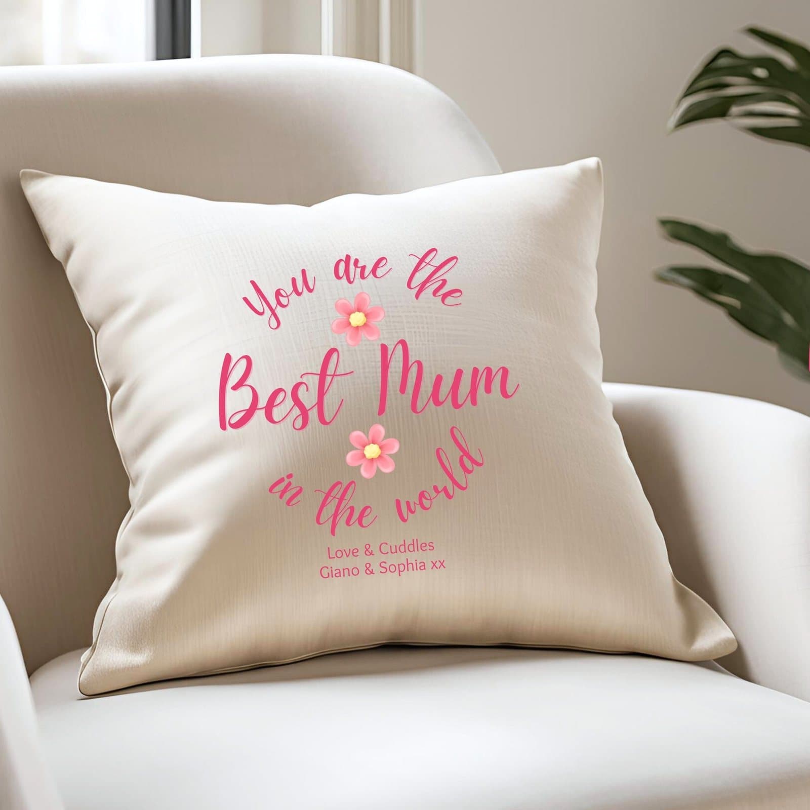 Linen-look cushion reading You're The Best Mum In The World, with pink flowers