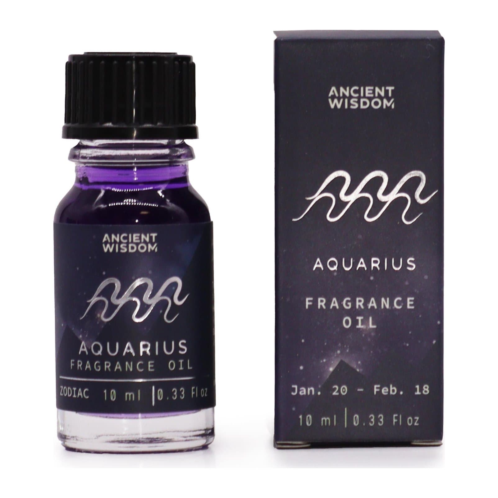 Two Aquarius zodiac fragrance oil bottles with dark oil and bio glitter