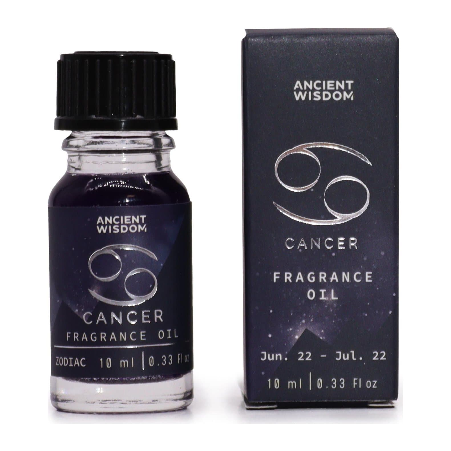 Two bottles of dark Cancer zodiac fragrance oil with bio glitter