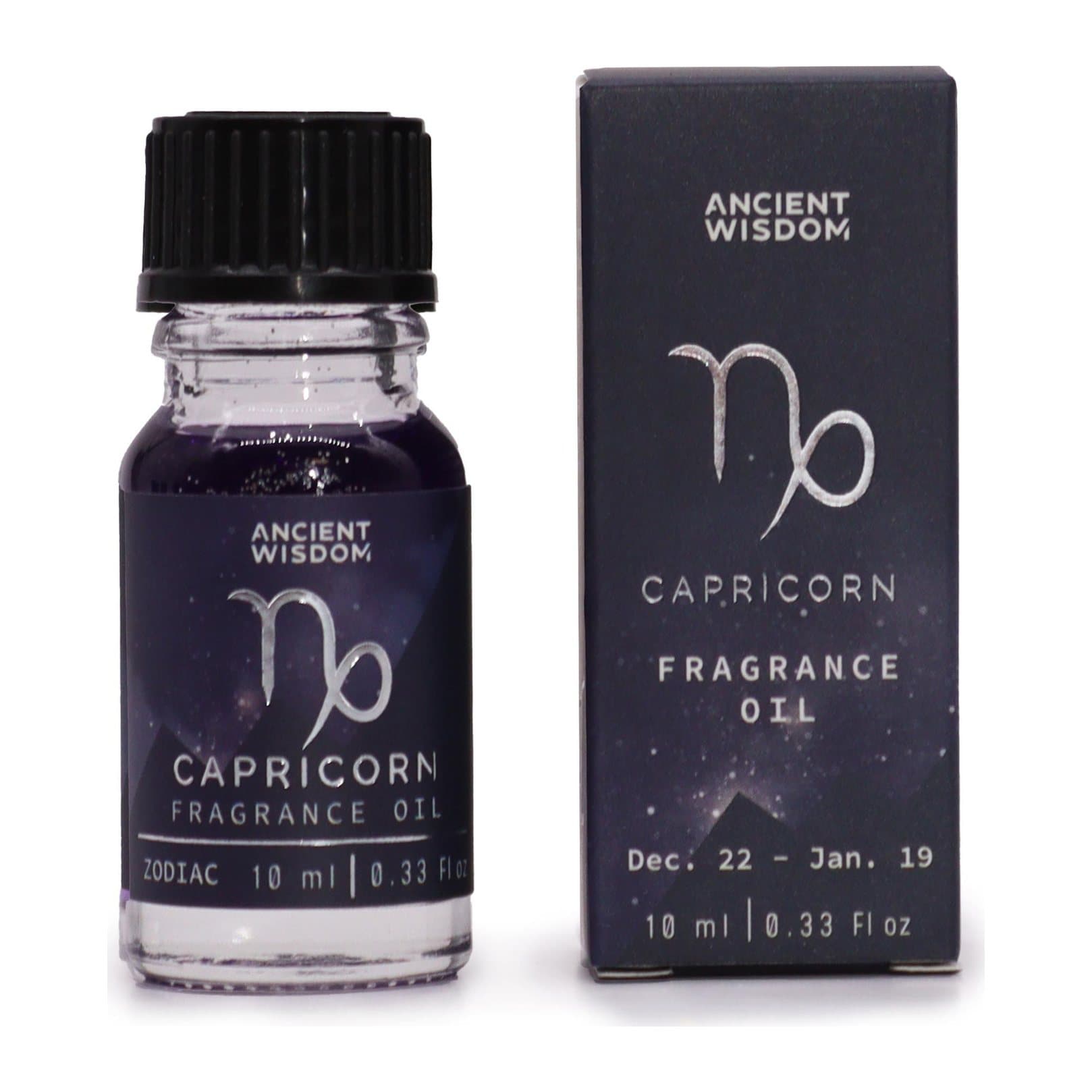 Two 10ml Capricorn zodiac fragrance oil bottles with dark oil and bio glitter