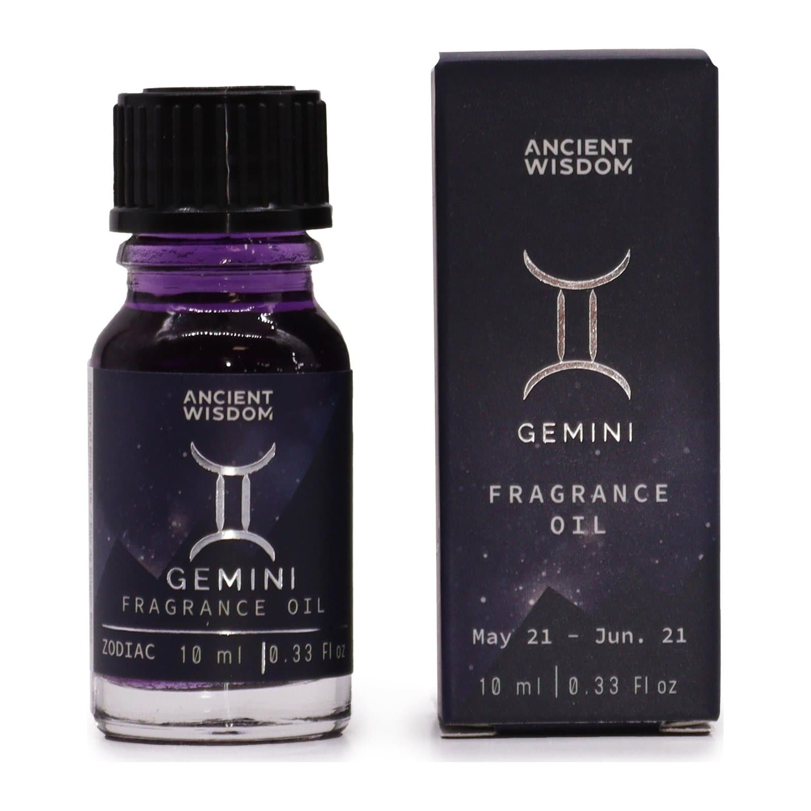 Gemini zodiac fragrance oil, 10 ml bottle with dark oil and bio glitter