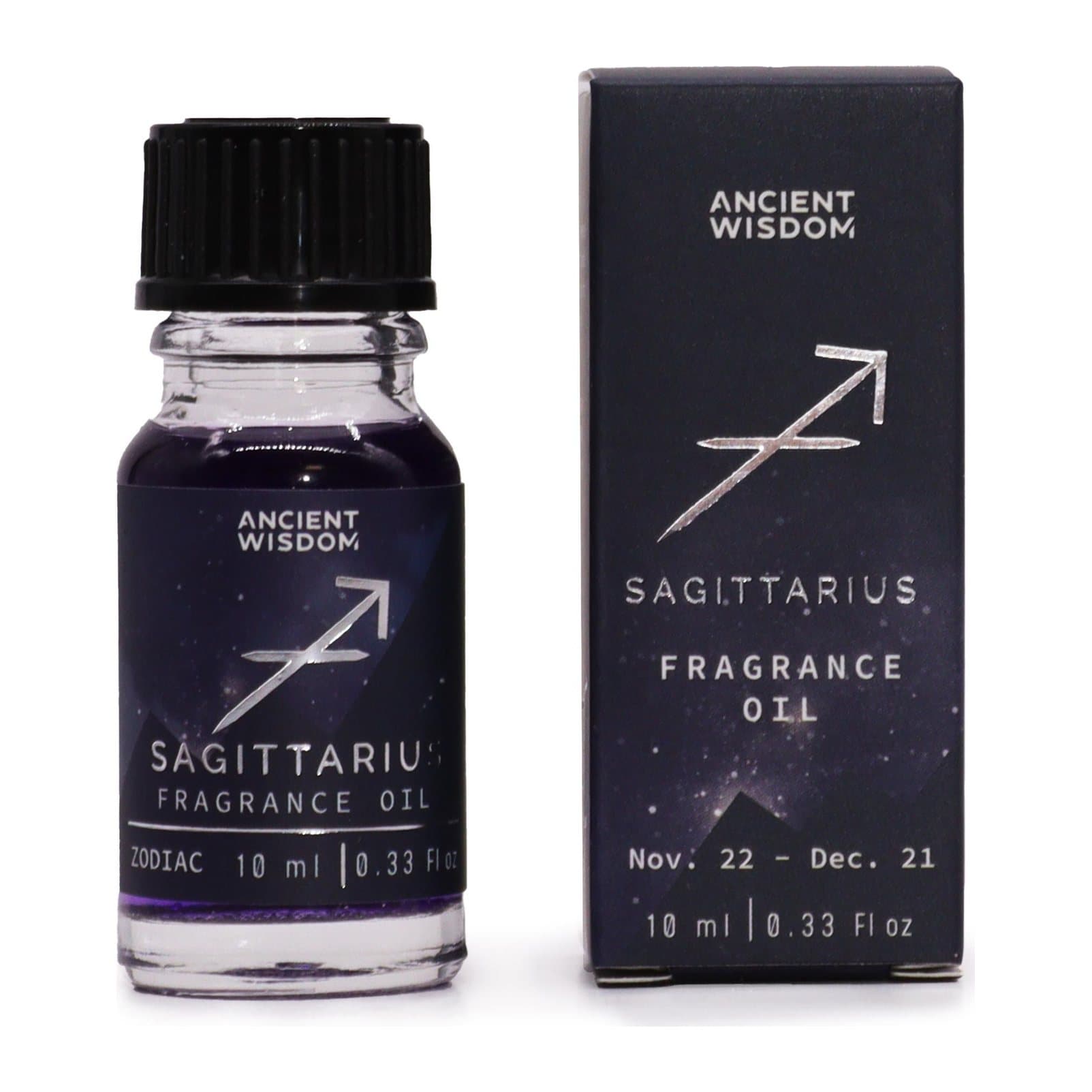 Two 10 ml bottles of Sagittarius zodiac fragrance oil with bio glitter