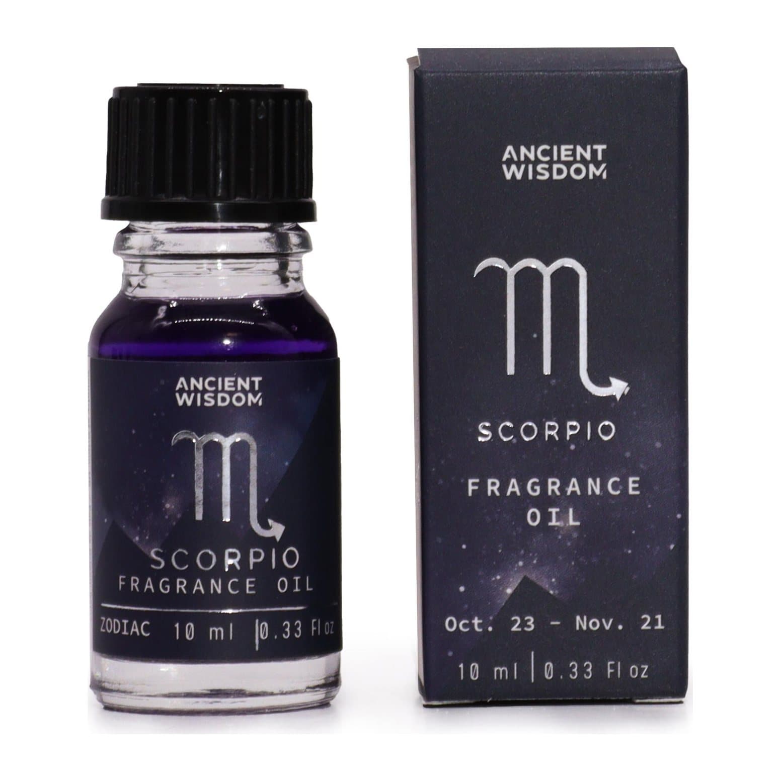 Two bottles of dark Scorpio zodiac fragrance oil with bio glitter inside