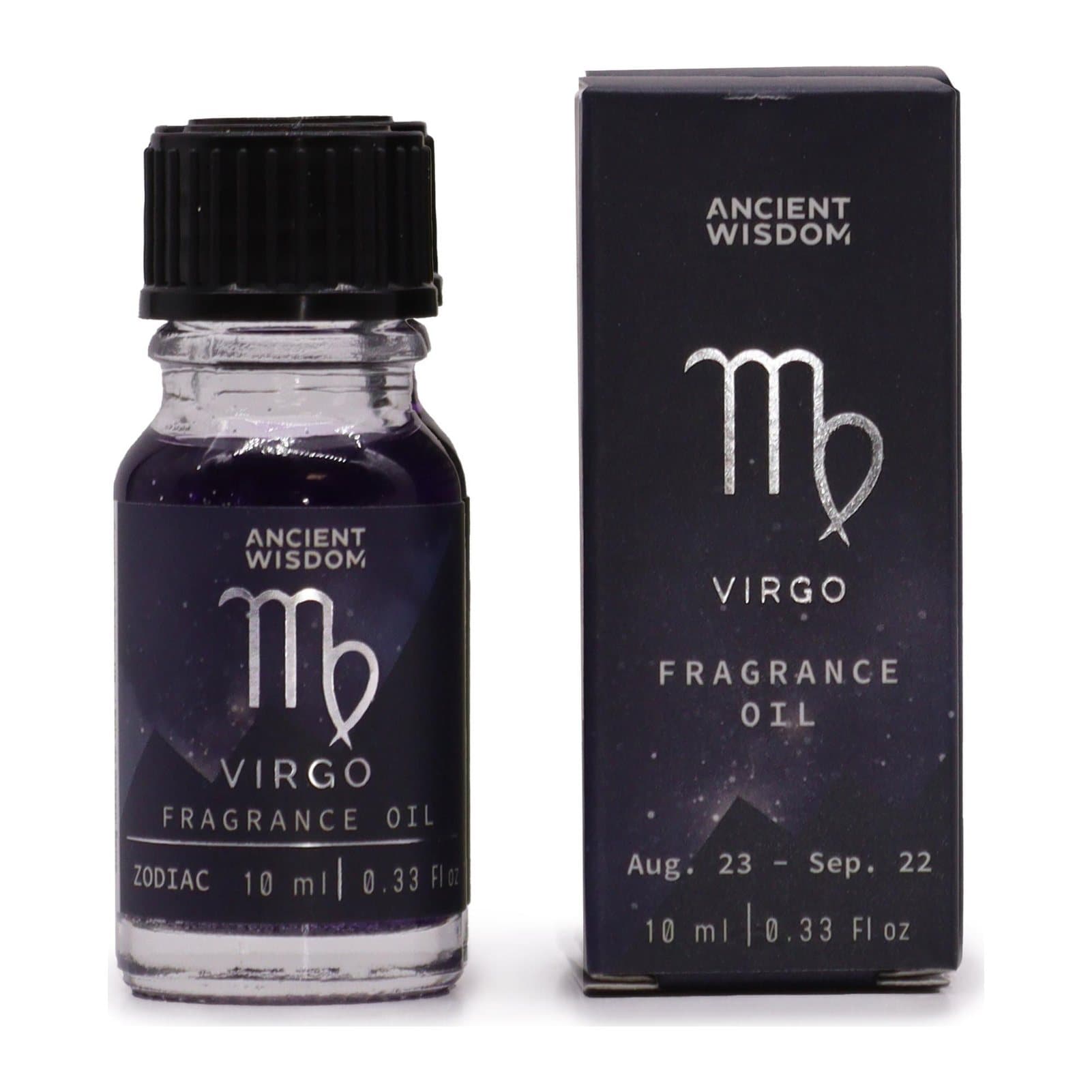 Pack of two bottles of dark Virgo zodiac fragrance oil with bio glitter inside