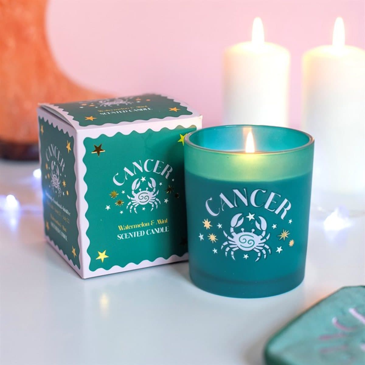 Cancer zodiac candle with a colourful crab-inspired design